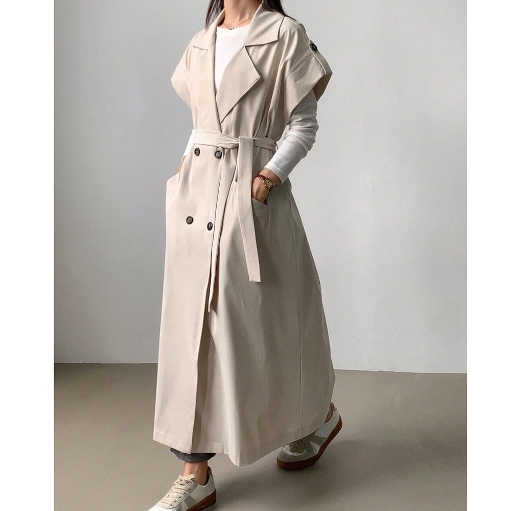 Classic Solid Double Button Pockets Cuff Short Sleeve Trench Coat